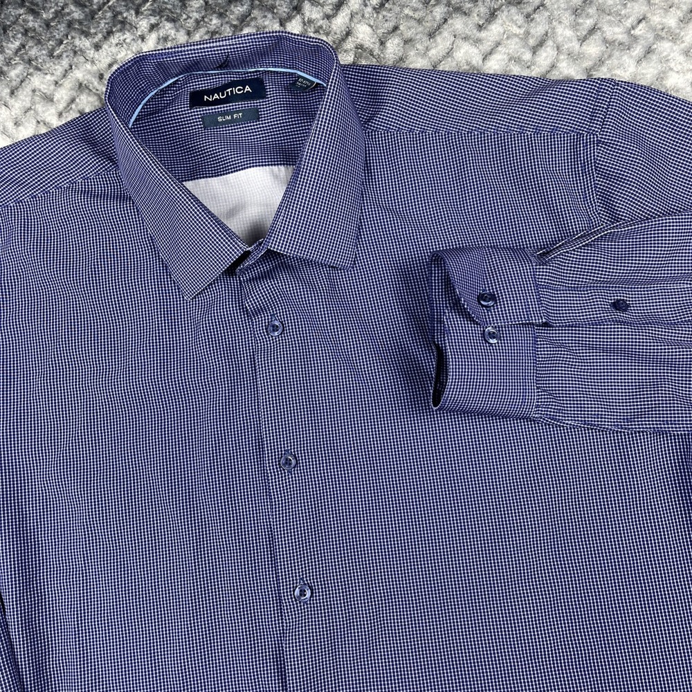 Nautica Shirt Mens XL Blue Check Performance Slim Fit Button Stretch